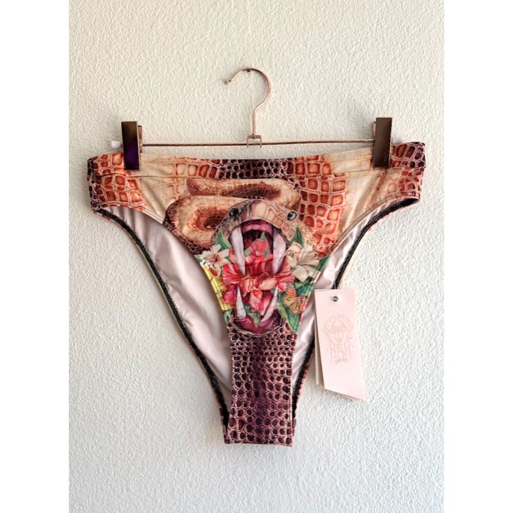 We Are HAH Bottoms Up High Rise Big Mouth Snake Print Bikini Bottoms size M NWT